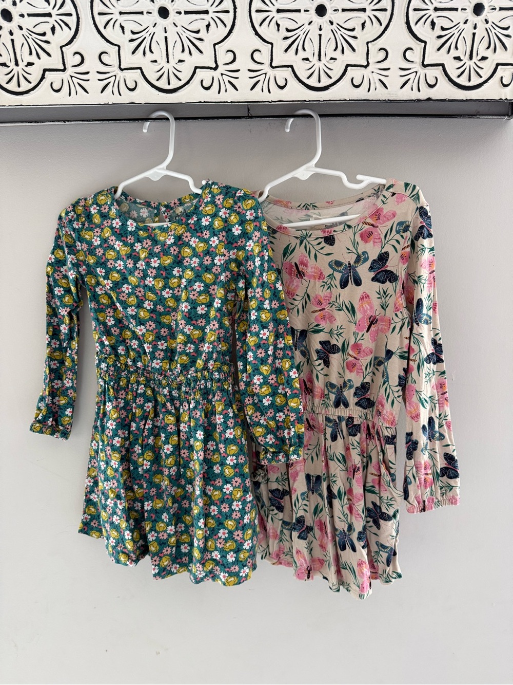 Floral & Butterfly Long Sleeve Dresses - Green & Pink